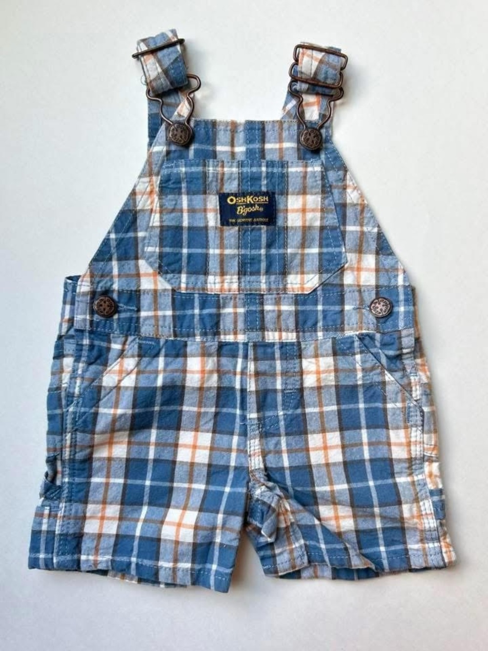 OshKosh B'gosh Blue and White Plaid Short Overalls with Orange Accents